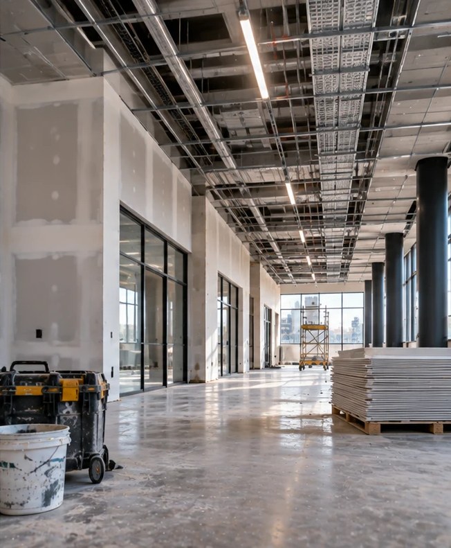 Open-plan commercial fit-out with set plasterboard walls and exposed ceiling grid